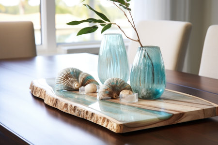 Coastal Elegance: A Tranquil Wood Tabletop Showcasing Your Product Collectionの素材