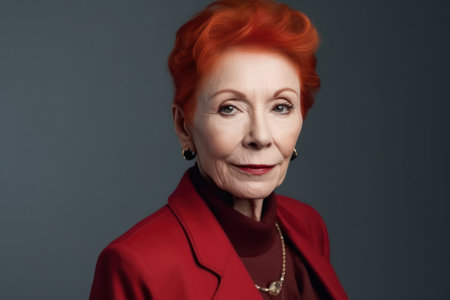 senior people fashion and beauty, portrait of a good looking elderly woman with bright red hair dressed in modern clothes, studio portrait on a grey background copy spaceの素材