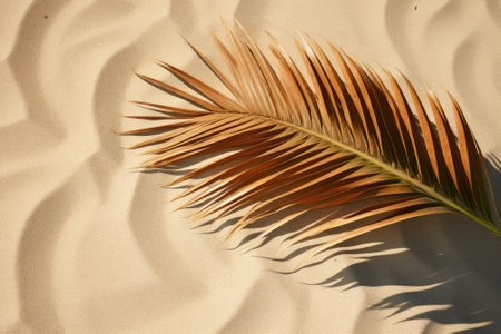 Serene Shades of Summer: A Lush Palm Tree Leaf Casts its Refreshing Shadow on Sun-Kissed Sandsの素材