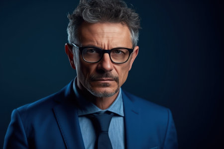 serious businessman wearing glasses staring intently at the camera with a focused expression against a blue studio background with copy spaceの素材