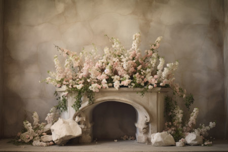 Natural Blush: Exquisite Stone Podium Adorned with White Bloomsの素材