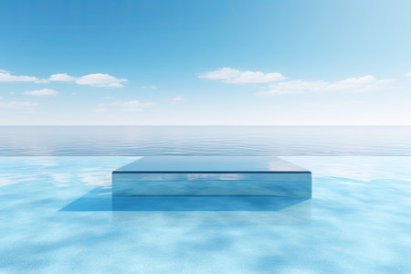 Crystal Clear Serenity: A Mesmerizing Blue Water Backdrop with Sunlit Reflection and Podium, Ideal for Beauty Mockupの素材