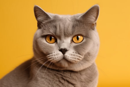 silver tabby british shorthair cat making funny face, looking displeased or irritated, studio shot on yellow backgroundの素材