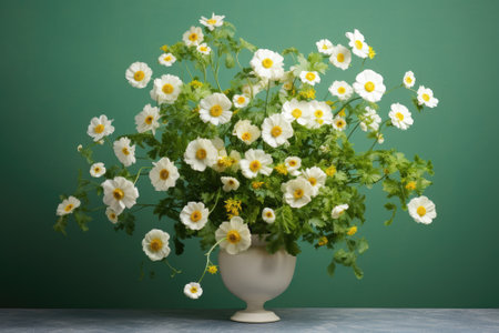 Feverfew Blooms: A Tropical Stage Showcase on Minimal Podium Displayの素材