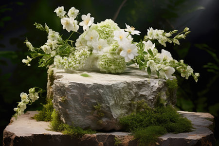 Nature's Elegance: Showcasing Green Beauty - A Stone Podium Adorned with White Flowersの素材