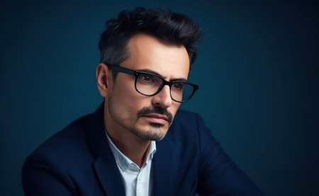 professional man in a black blazer wearing glasses, posing over a blue studio background with copy spaceの素材