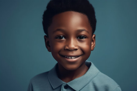 smiling kid boy portrait, little african american child boy on blue backgroundの素材