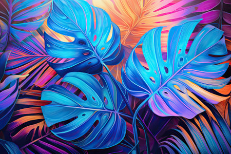 Prismatic Paradiso: Vibrant Palm Leaves in Surreal Holographic Splendorの素材