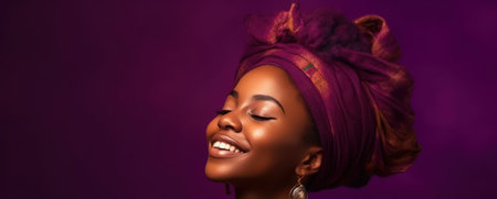 studio photo of inspired african lady dancing with eyes closed, indoor portrait of relaxed black girl isolated on purple backgroundの素材
