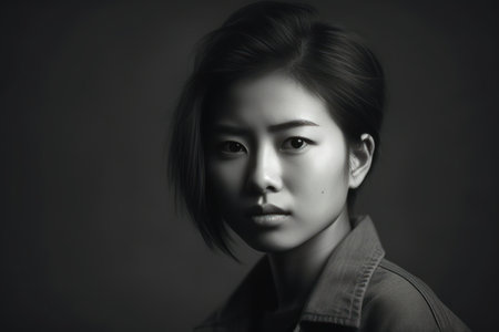 studio shot of young asian woman against gray background in black and whiteの素材