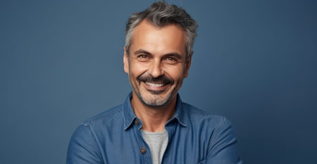 self assured attractive middle aged man standing with folded arms smiling at the camera over a blue studio background with copy spaceの素材