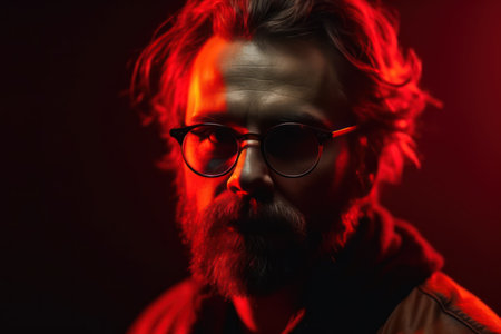studio closeup portrait of a pensive confident millennial european bearded man wearing his new glasses with red neon light on his face eyewear commercial high quality photoの素材