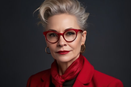studio portrait of confident mature businesswoman wearing stylish red eyeglasses isolated on background, successful business conceptの素材