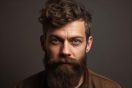 studio portrait of bearded man posing over beige background looking into camera with calm facial expressionの素材