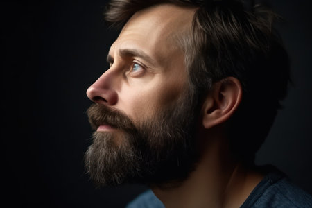 side view close up portrait of adult caucasian man with beard and short hair looking up thoughtful with copy space studio shotの素材