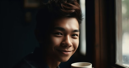 shoulder shot portrait of a cheerful asian male turning head to look at the camera with a smiling face while drinking coffee near the window at homeの素材
