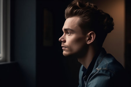 side view portrait of thinking stylish young man looking awayの素材