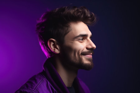 profile side view portrait of attractive cheerful virile guy isolated over dark neon light violet color backgroundの素材