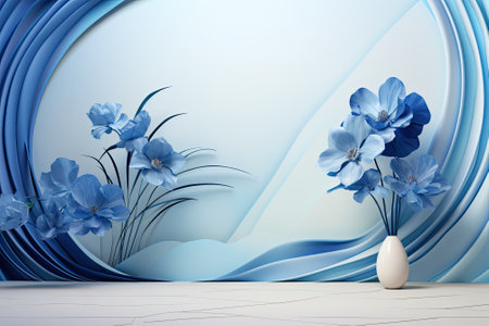 Serene Shades: 3D Studio Background with Abstract Gradient Blues, Window Shadows, and Floralsの素材