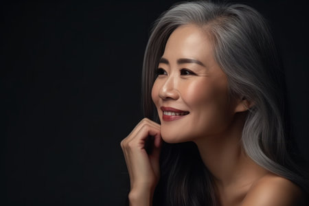 side portrait of smiling asian woman with grey hair touching the chinの素材