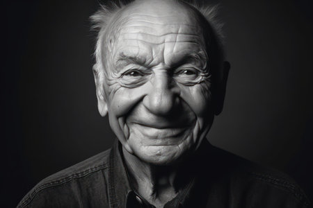 sincere amazement close up black and white portrait of aged happy pensioner with widely open eyes while standing isolated on grey backgroundの素材