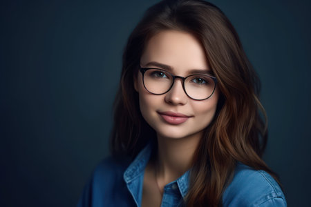 smiling beautiful young woman in glasses, business studio portrait on blue backgroundの素材