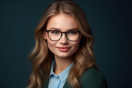 smiling beautiful young woman in glasses, business studio portrait on blue backgroundの素材