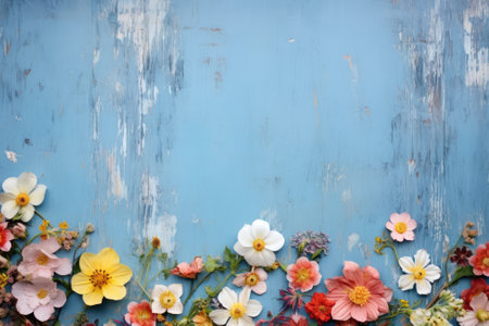 Nature's Palette: Blossoming Garden Flowers on a Serene Blue Wooden Tableの素材
