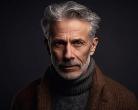 studio portrait of a handsome man with grey hair looking to the cameraの素材