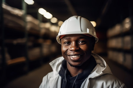 smiling portrait of a warehouse worker in protective vest and white hardhatの素材