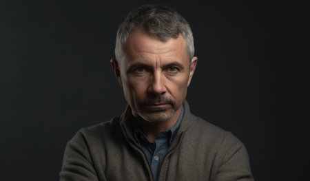 serious middle aged man with folded arms and a deadpan expression posing in front of a grey background with copy spaceの素材