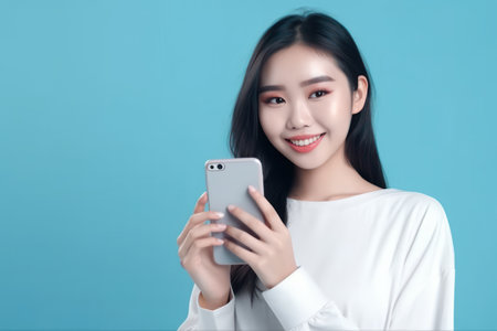 studio shot of beautiful asian woman holding smartphone, mockup of blank screen and smiling on blue backgroundの素材