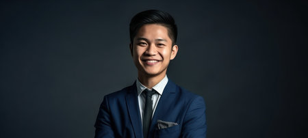 smiling young asian businessman with arms crossed in blue studio isolated backgroundの素材