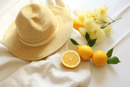 Sun-kissed Serenity: A Minimalist Summer Flat Lay with Straw Hat, Lemon Fruits, and Eco-Friendly Mesh Shopping Bagの素材
