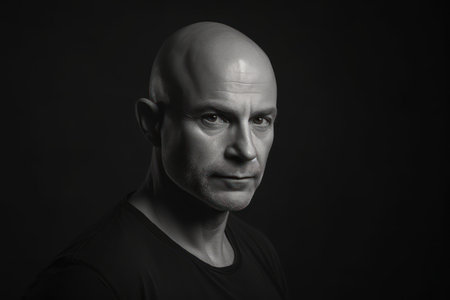 studio shot of handsome bald man wearing black shirt against gray background in black and whiteの素材