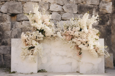Natural Blush: Exquisite Stone Podium Adorned with White Bloomsの素材