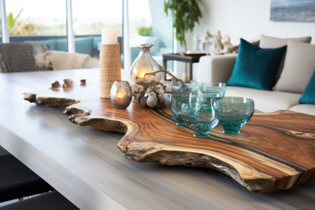 Coastal Elegance: A Tranquil Wood Tabletop Showcasing Your Product Collectionの素材