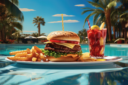 Sun-kissed Delights: Savoring a Poolside Burger Paradiseの素材