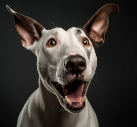studio portrait of funny and excited bull terrier mixed dog on grey background with shocked surprised expression and open mouthの素材
