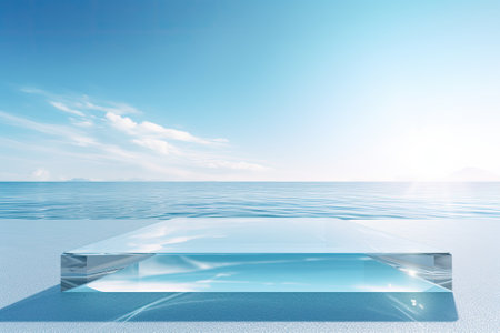 Crystal Clear Serenity: A Mesmerizing Blue Water Backdrop with Sunlit Reflection and Podium, Ideal for Beauty Mockupの素材