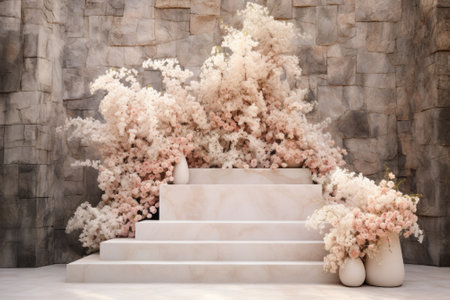 Natural Blush: Exquisite Stone Podium Adorned with White Bloomsの素材
