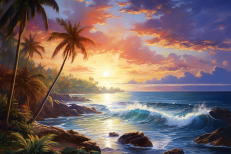 Tropical Escapade: Sunlit Palms and Awe-inspiring Seascapeの素材