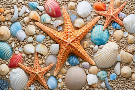 Under the Sea Treasures: A Serene Top View of Starfish, Shells, and Sandy Shoresの素材
