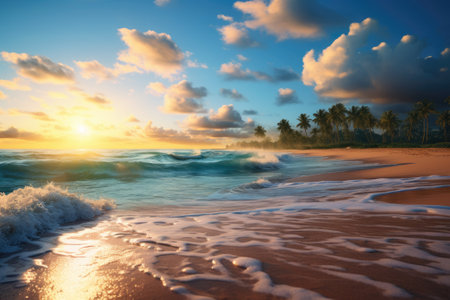 Sun-kissed Paradise: Unleashing the Magic of a Sandy Beach with a Blur Ocean Backdropの素材