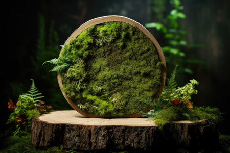 Nature's Elegance: Showcasing Beauty with Wooden Slice Podium and Green Moss Backgroundの素材
