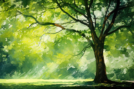 Vibrant Serenity: An Abstract Green Tree in a Sunlit Parkの素材