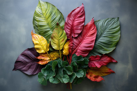 Nature's Ethereal Canvas: Tropical Leaf Arrangement on a Blank Slateの素材