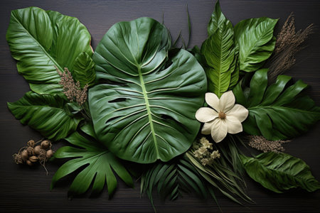 Nature's Ethereal Canvas: Tropical Leaf Arrangement on a Blank Slateの素材