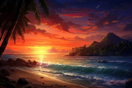 Paradise Horizons: Captivating Sunset Over a Tropical Beachの素材