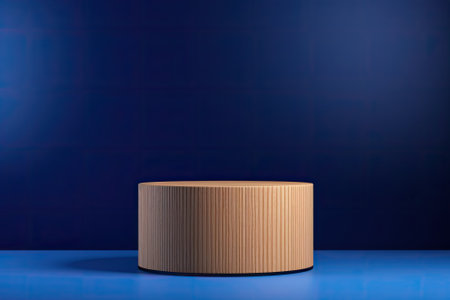 Shadowed Elegance: Wooden Cylinder Podium Mockup in Deep Blue Backgroundの素材